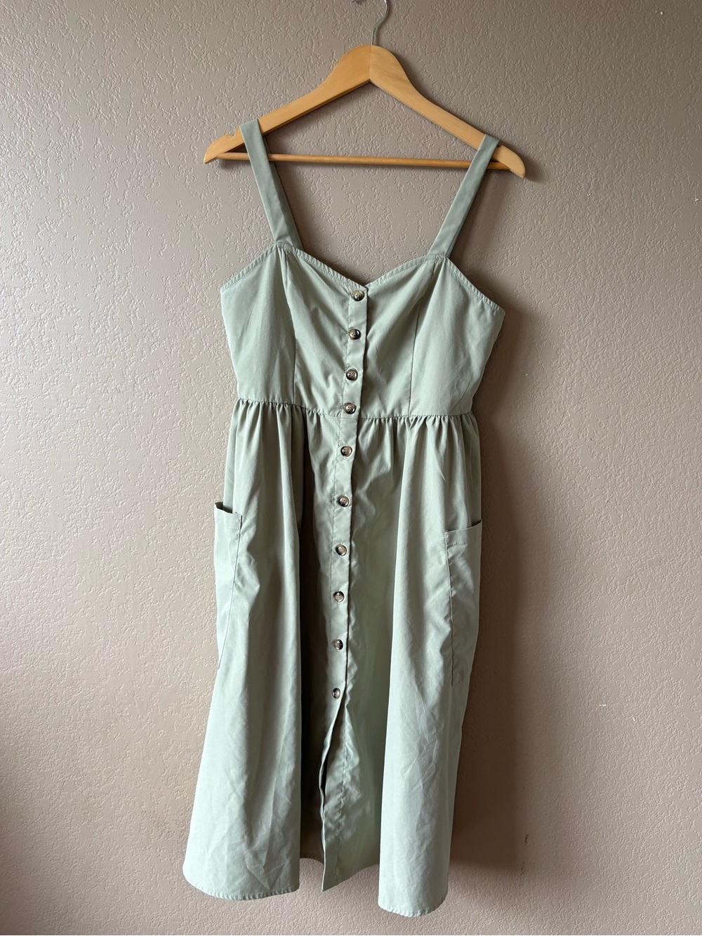 Sage Green Sleeveless Button Down Midi Dress Size Large Pockets Cottagecore
